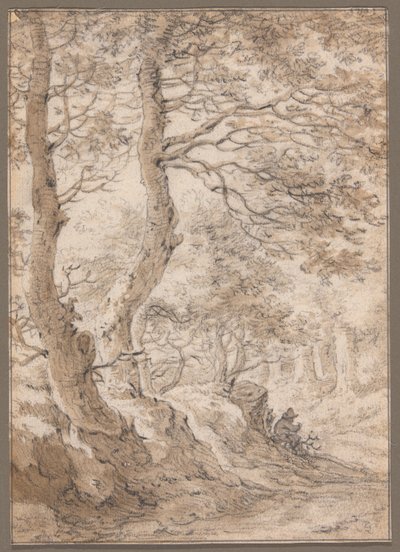 Een bosinterieur, met een zittende figuur door Herman Saftleven