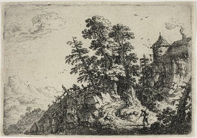Reizigers op kronkelweg, uit Zes landschappen door Herman Saftleven