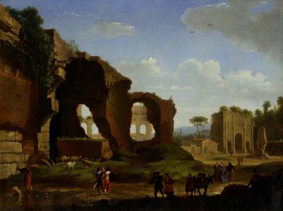 Gezicht op Rome met Venus en de Romeinse tempel en de Triomfboog van Constantijn. door Herman van Swanevelt