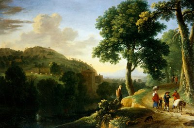 Een Italiaans Landschap met Reizigers en een Ezel, c.1640 door Herman van Swanevelt