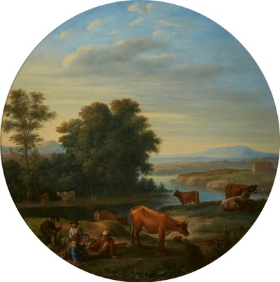 Italianiserend rivierlandschap met koeien door Herman van Swanevelt