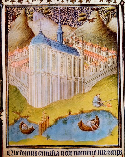 Kartuizer monniken die vissen vangen in visvijvers bij Chartreuse, Frankrijk, 15e eeuw door Hermann Limbourg