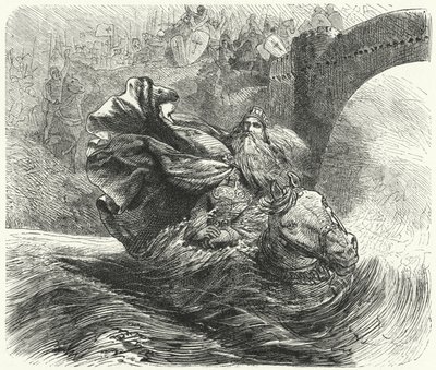 Frederik Barbarossa verdrinkt in de rivier Saleph tijdens de Derde Kruistocht, 1190 door Hermann Vogel