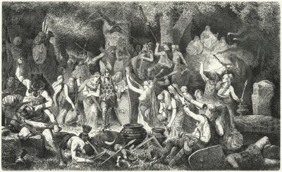 Germaanse krijgers vieren een overwinning op de Romeinen (gravure) door Hermann Vogel