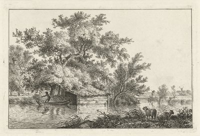 Schuitje bij boothuis door Hermanus Fock