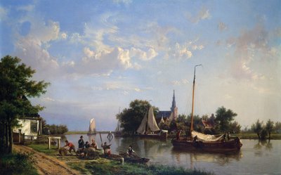 Aken op een kanaal in de zomer door Hermanus Koekkoek