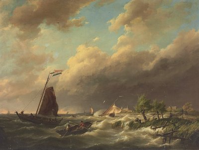 Stormachtig kustgezicht met daarachter de stad door Hermanus Koekkoek