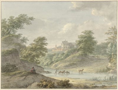 Landschap met zittende tekenaar en kasteel aan water door Hermanus Numan