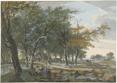 Landschap met een huis tussen bomen en een weg langs akkers door Hermanus van Brussel