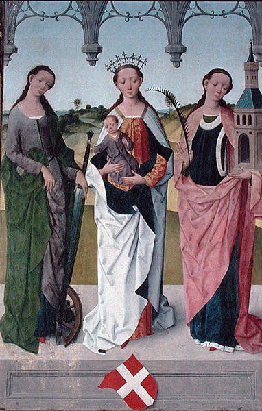St. Catharina, de Maagd Maria en St. Barbara, van het Hoofdaltaar van de St. Nicolaaskerk, 1481 (detail) door Hermen Rode