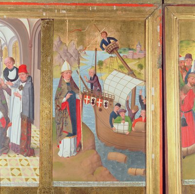 St. Nicolaas redt een schip, van het Hoofdaltaar van de St. Nicolaaskerk, 1481 (detail) door Hermen Rode