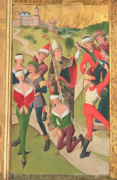 St. Nicolaas redt drie onschuldige mannen van executie, van het Hoofdaltaar van de St. Nicolaaskerk, 1481 (detail) door Hermen Rode