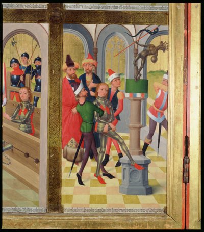 St. Victor van Marseille slaat het heidense afgodsbeeld neer, van het Hoofdaltaar van de St. Nicolaaskerk, 1481 (detail) door Hermen Rode