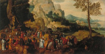Landschap met de predikende Johannes de Doper door Herri met de Bles