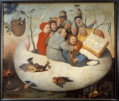 Het concert in het ei. Satire van alchemie gesymboliseerd door het filosofische ei. Schilderij naar Hieronymus Bosch (15e eeuw) door Hieronymus (after) Bosch