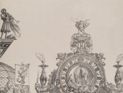 De Pinnacle van de Rechterpoort, en een Trompetter en Standaard van de Centrale Poort, fr..., 1515 door Hieronymus Andreae