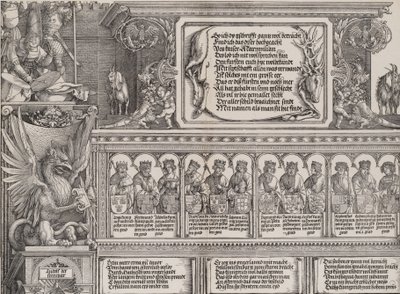 Het bovenste gedeelte van de rechterpoort, met de inscriptie op een hertenhuid, een fries met ..., 1515 door Hieronymus Andreae