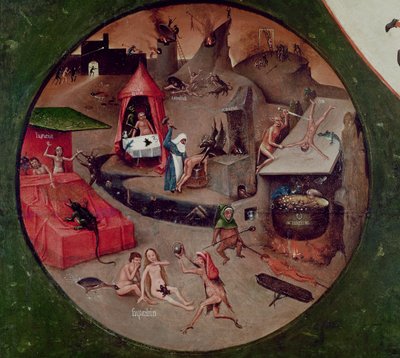 Tafelblad van de Zeven Hoofdzonden en de Vier Laatste Dingen, detail van de Hel, c.1480 (olie op paneel) door Hieronymus Bosch