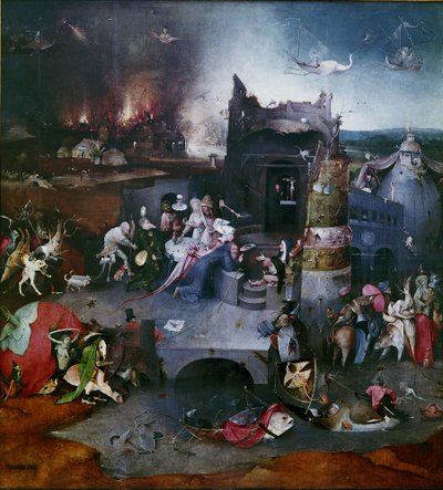 De Verleiding van Sint Antonius Centraal paneel van een drieluik, Tussen 1495 en 1515 door Hieronymus Bosch