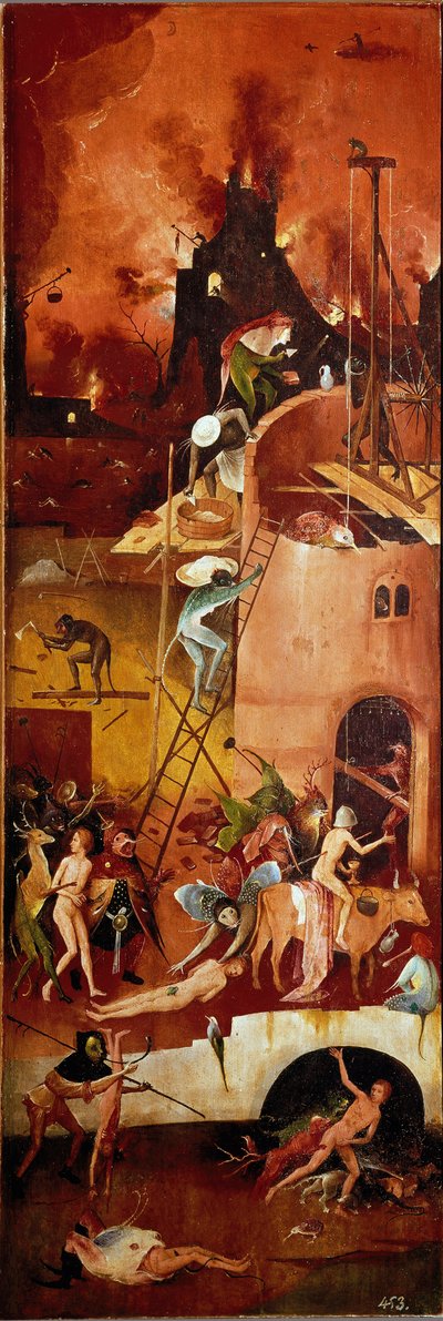 Het hooi drieluik: infernale constructies (rechter binnenpaneel) door Hieronymus Bosch