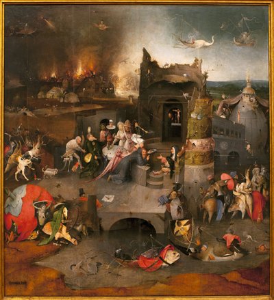Drieluik van verleidingen - centraal deel: de verleiding van Sint Antonius de Grote (of Sint Antonius de Kluizenaar of Sint Antonius de Abt). Schilderij door Hieronymus Bosch (1450-1516), olieverf op hout, circa 1500 (Drieluik van de verleidingen) door Hieronymus Bosch