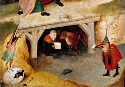 Drieluik van verleidingen, detail. Linkerkant: de vlucht en val van Sint Antonius de Grote (of Sint Antonius de Kluizenaar of Sint Antonius de Abt). Schilderij door Hieronymus Bosch door Hieronymus Bosch