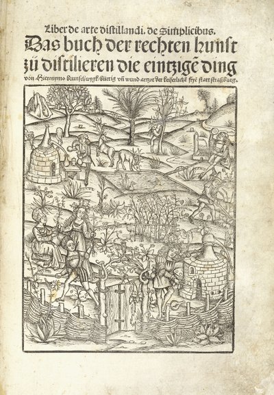 Titelpagina, met kruiden distilleerderijen en figuren in een landschap door Hieronymus Brunschwig