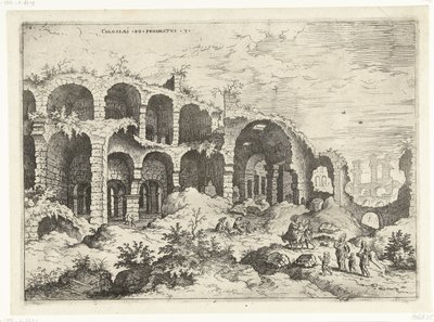 Derde gezicht op het Colosseum te Rome Romeinse ruïnes door Hieronymus Cock