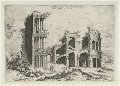 Gezicht op het Septizonium en het Colosseum in Rome door Hieronymus Cock