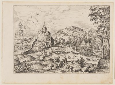 Mercurius die Argus in slaap sust, uit Landschappen met bijbelse en mythologische scènes door Hieronymus Cock