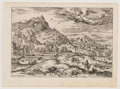 Mercurius met het hoofd van Argus in zijn hand, uit Landschappen met bijbelse en mythologische scènes door Hieronymus Cock