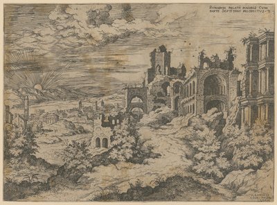 Ruïnes van de Palatijn met een panoramisch uitzicht op het landschap, blad 3 uit de reeks „Praecipua aliquot Romanae Antiquitatis Ruinarum Monimenta [...]” door Hieronymus Cock
