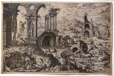 Ruïnelandschap met de boetvaardige heilige Hiëronymus door Hieronymus Cock