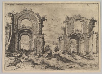 Tweede uitzicht op de baden van Diocletianus, uit de set Romeinse ruïnes, 1550 door Hieronymus Cock