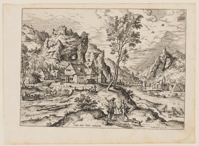 Tobias met de engel en de hond, uit Landschappen met bijbelse en mythologische scènes door Hieronymus Cock