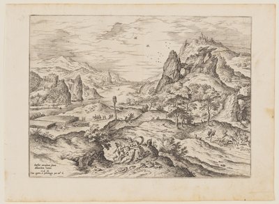 Venus en Adonis, uit Landschappen met Bijbelse en Mythologische Taferelen door Hieronymus Cock