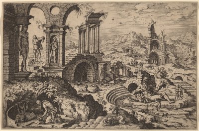 Sint Hiëronymus in een landschap met ruïnes door Hieronymus Cock after Maerten van Heemskerck