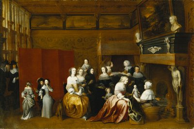 Dames vieren de geboorte van een kind, en heren kijken toe vanachter een scherm, in een interieur door Hieronymus Janssens