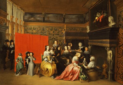 Dames die de Geboorte van een Kind Vieren in een Elegant Boudoir door Hieronymus Janssens