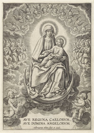 Maria met het Christuskind op de maansikkel door Hieronymus Wierix