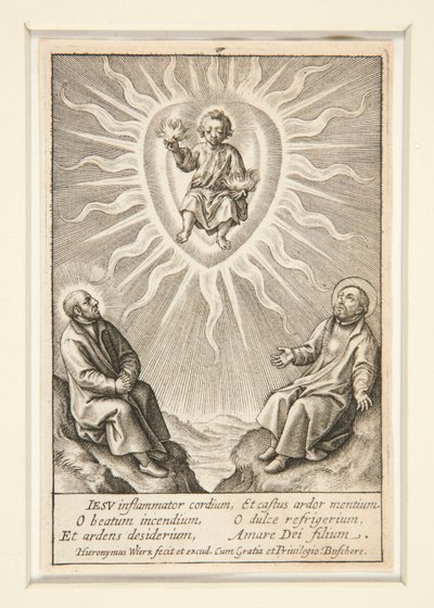 De Baby met een Brandend Hart Tussen Ignatius van Loyola en Franciscus Xaverius door Hieronymus Wierix