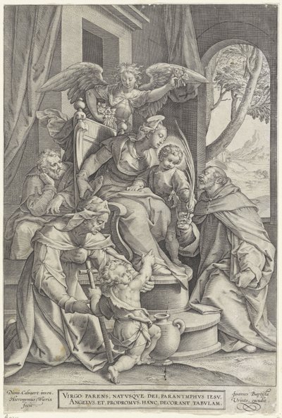 Heilige Familie met Elizabeth en Johannes de Doper, naar Denys Calvaert, 1563 - voor 1611 door Hieronymus or Jerome Wierix