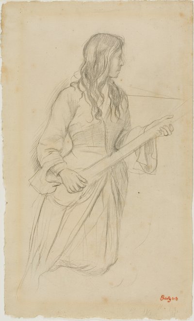 Jonge vrouw die mandoline speelt, studie voor portret van Mlle. Fiocre in het ballet "La Source". door Hilaire Germain Edgar Degas