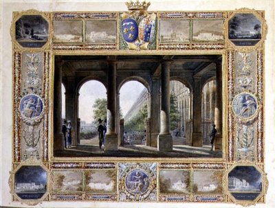 Het Palais Royal, Parijs, omringd door vignetten van de kindertijdresidenties van Charles Ferdinand, de hertog de Berry (1778-1820) en zijn vrouw Maria Caroline van Bourbon door Hilaire Thierry