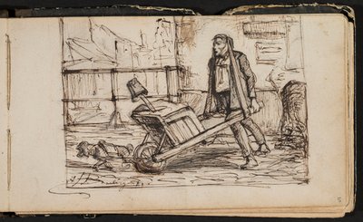 Man met kruiwagen en hondje (bladzijde uit een schetsboek) door Hippolyte Boulenger