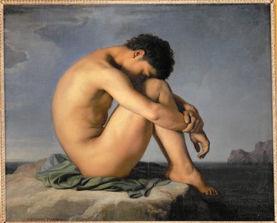 Naakte jonge man zittend bij de zee ... door Hippolyte Flandrin