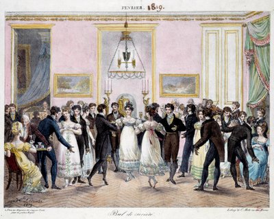 Societe bal in Parijs in de winkel van crayons Conte, place du palais royal in februari 1819 door Hippolyte Lecomte