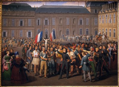 De polytechnici dragen het kruis gered uit de kapel van de Tuilerieën, tijdens de opstand van 24 februari door Hippolyte Lecomte