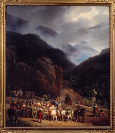 De terugkeer van de slag bij Marignan. Legers van Francois I keren terug van Marignan op 14/09/1515 door Hippolyte Lecomte