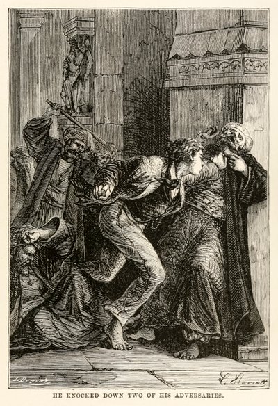 Hij sloeg twee van zijn tegenstanders neer, uit De Reis om de Wereld in Tachtig Dagen door Jules Verne (1828-1905), gegraveerd door Louis Dumont (b.1822), 1873 door Hippolyte Leon Benett